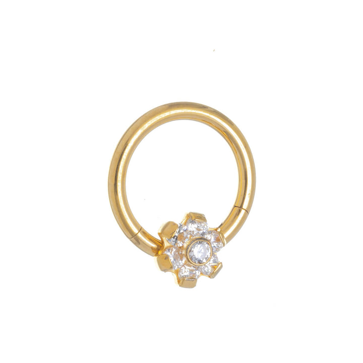 Zirconia flower gold plated segment ring clicker 1.2mm (PVD Titanium G23)