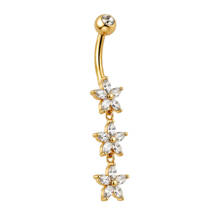Gold-plated dangling stud earrings with three zirconia stones (316L stainless steel)