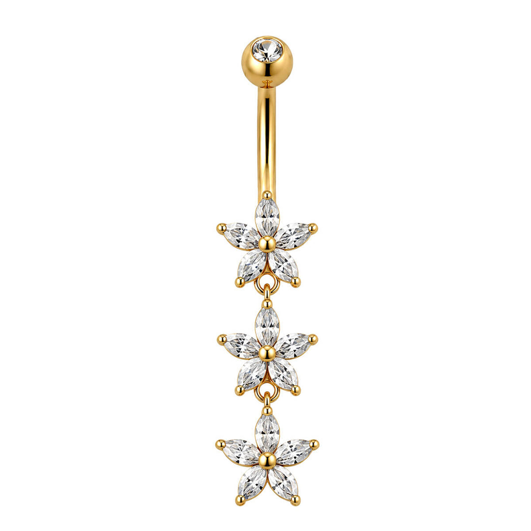 Gold-plated dangling stud earrings with three zirconia stones (316L stainless steel)