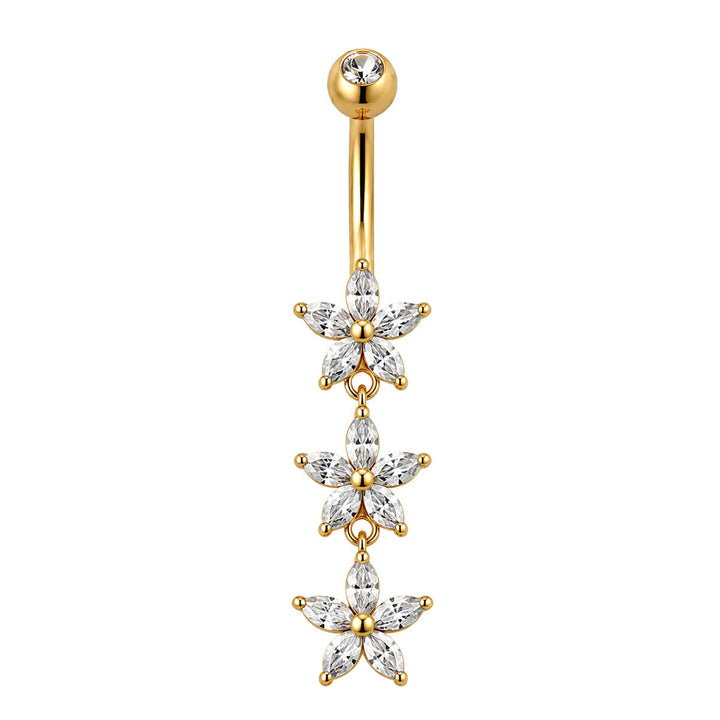 Gold-plated dangling stud earrings with three zirconia stones (316L stainless steel)
