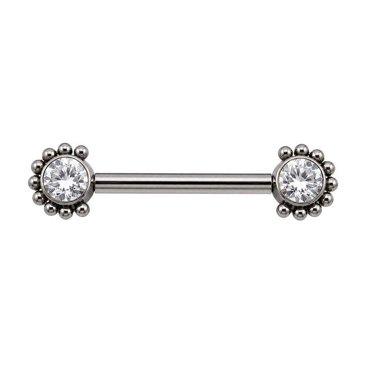 Titanium nipple ring with zirconia stones and a beaded edge (Titanium G23)