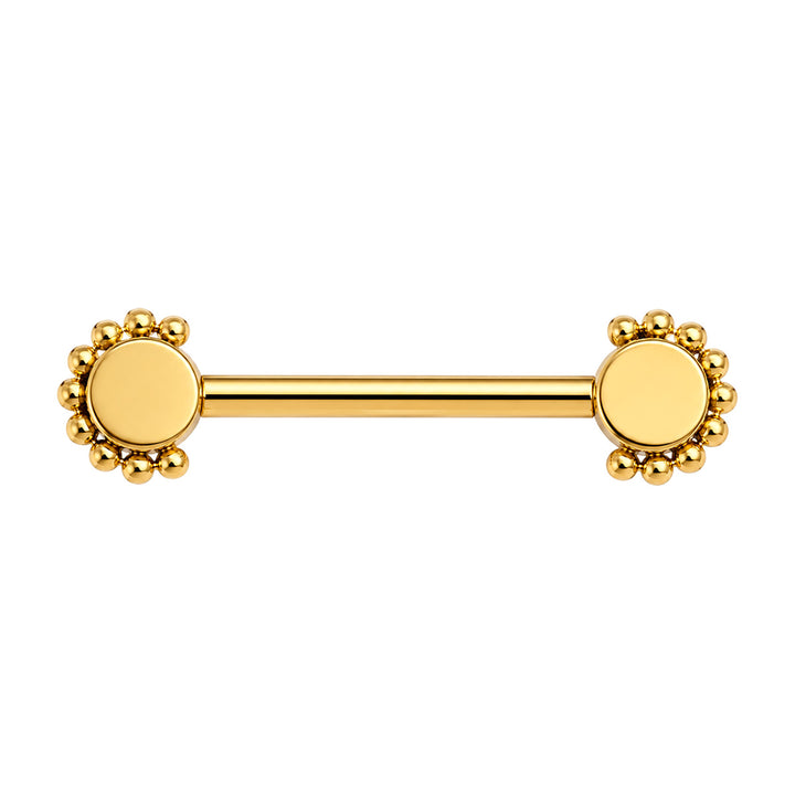 Gold-plated titanium nipple ring with zirconia stones and a beaded edge (PVD-coated titanium G23)