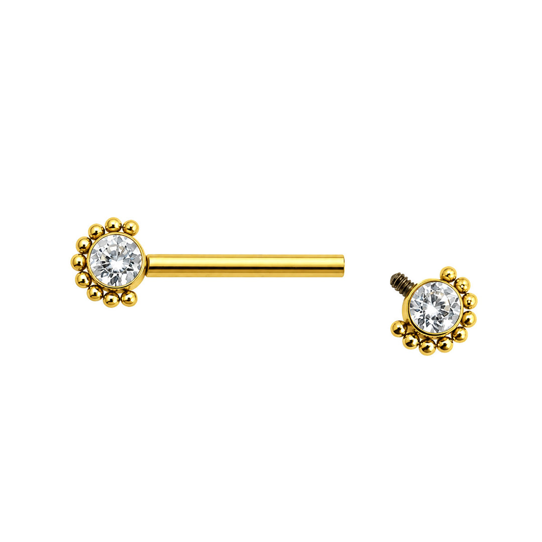 Gold-plated titanium nipple ring with zirconia stones and a beaded edge (PVD-coated titanium G23)
