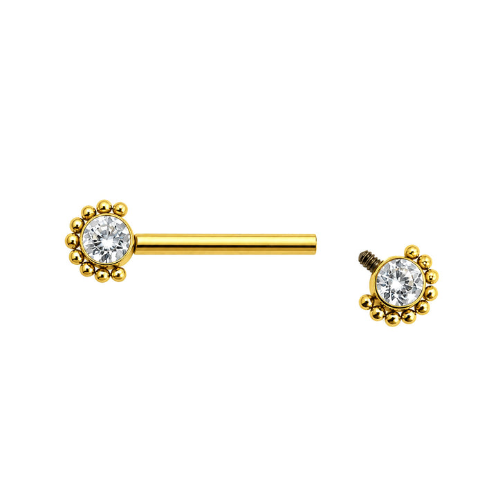 Gold-plated titanium nipple ring with zirconia stones and a beaded edge (PVD-coated titanium G23)