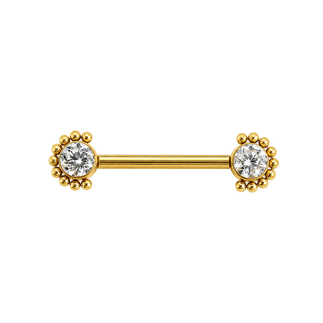 Gold-plated titanium nipple ring with zirconia stones and a beaded edge (PVD-coated titanium G23)