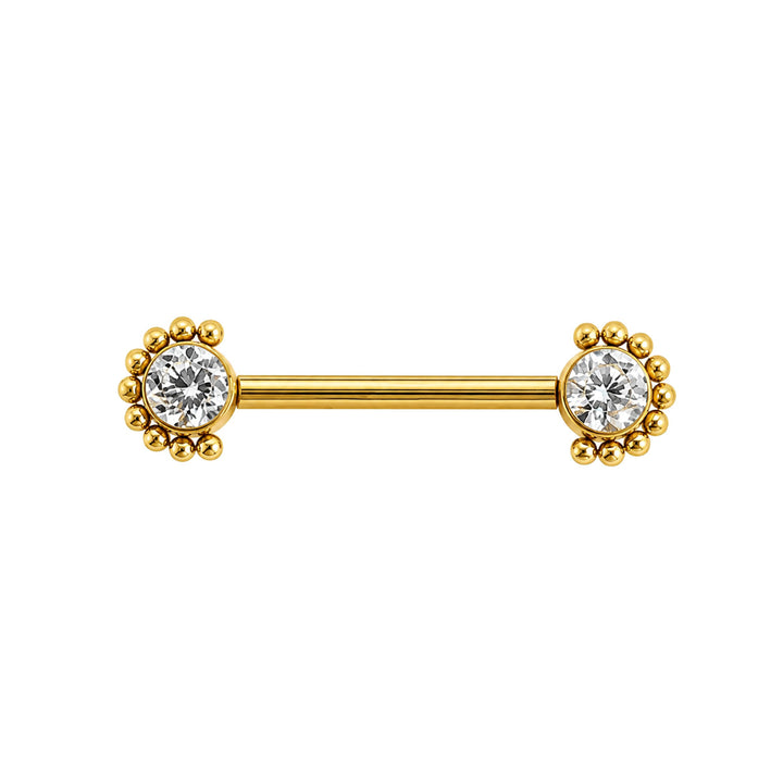 Gold-plated titanium nipple ring with zirconia stones and a beaded edge (PVD-coated titanium G23)