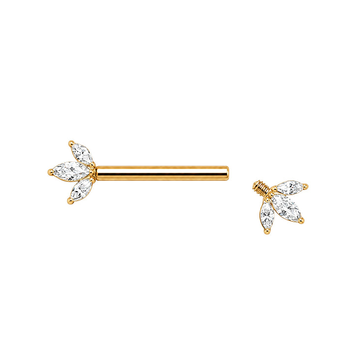 Gold-Plated Titanium Nipple Piercing with 3 Marquise-Cut Zirconia Stones (PVD Titanium G23)