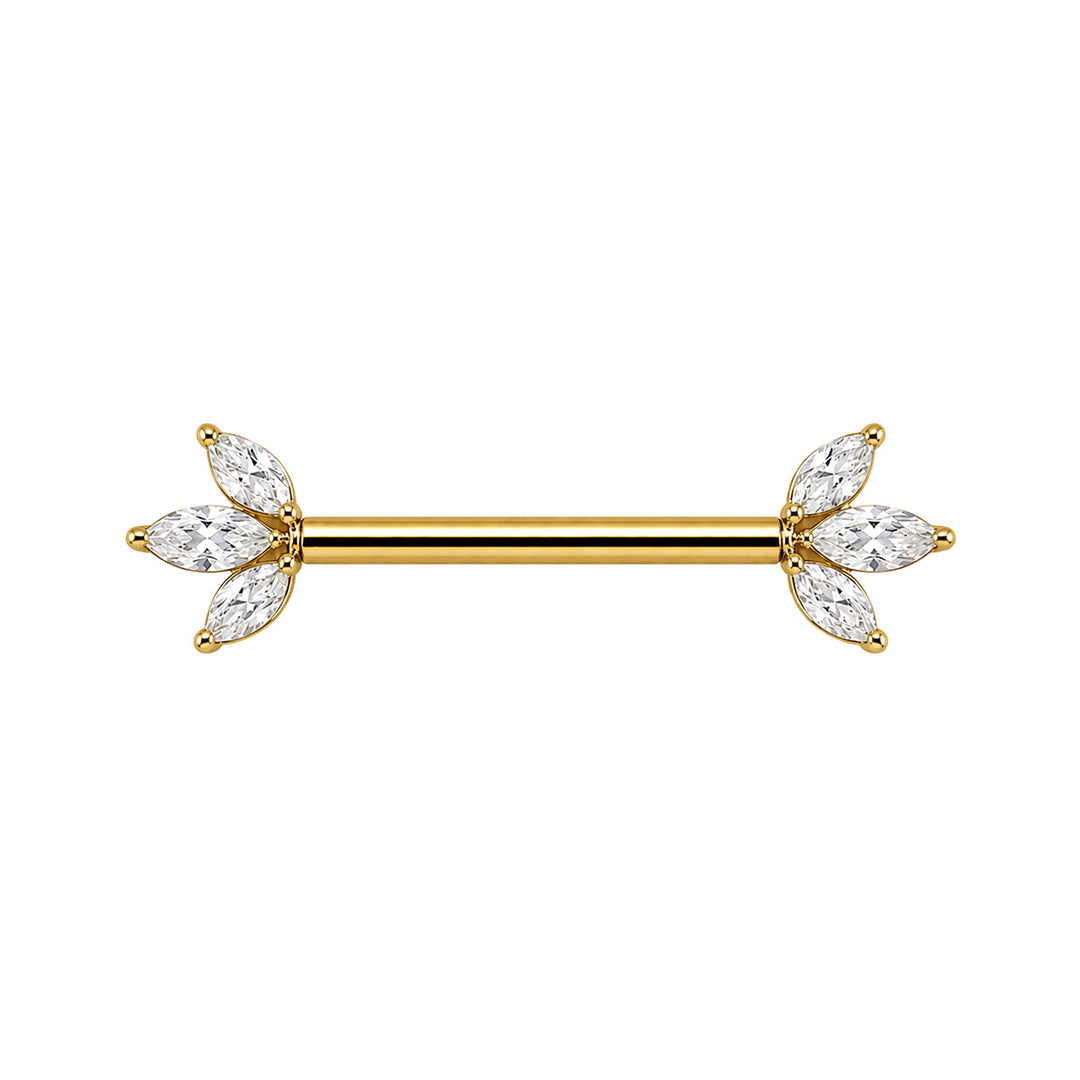 Gold-Plated Titanium Nipple Piercing with 3 Marquise-Cut Zirconia Stones (PVD Titanium G23)