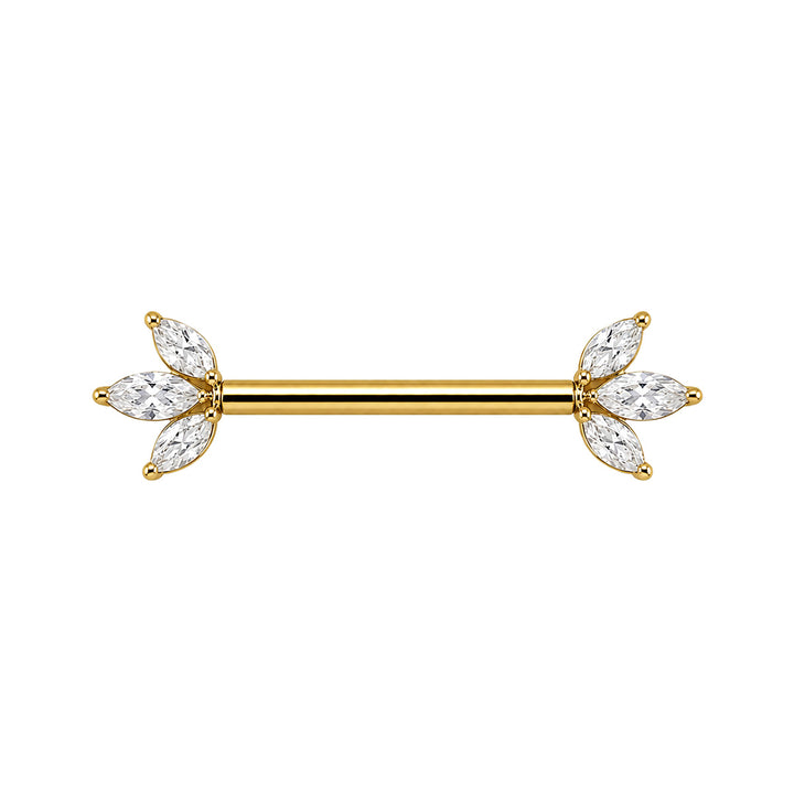 Gold-Plated Titanium Nipple Piercing with 3 Marquise-Cut Zirconia Stones (PVD Titanium G23)