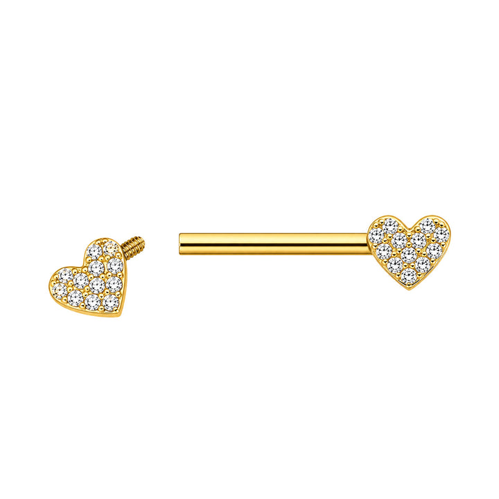 Gold-tone heart-shaped nipple ring with zirconia stones (PVD-coated titanium G23)