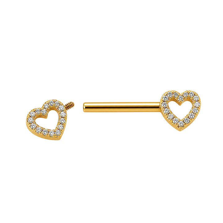 Gold-tone heart-shaped nipple ring with zirconia stones (PVD-coated titanium G23)