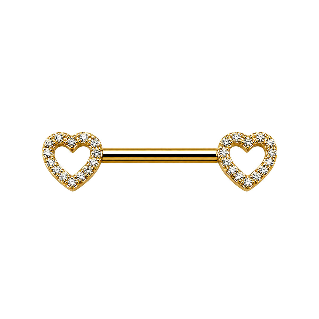 Gold-tone heart-shaped nipple ring with zirconia stones (PVD-coated titanium G23)