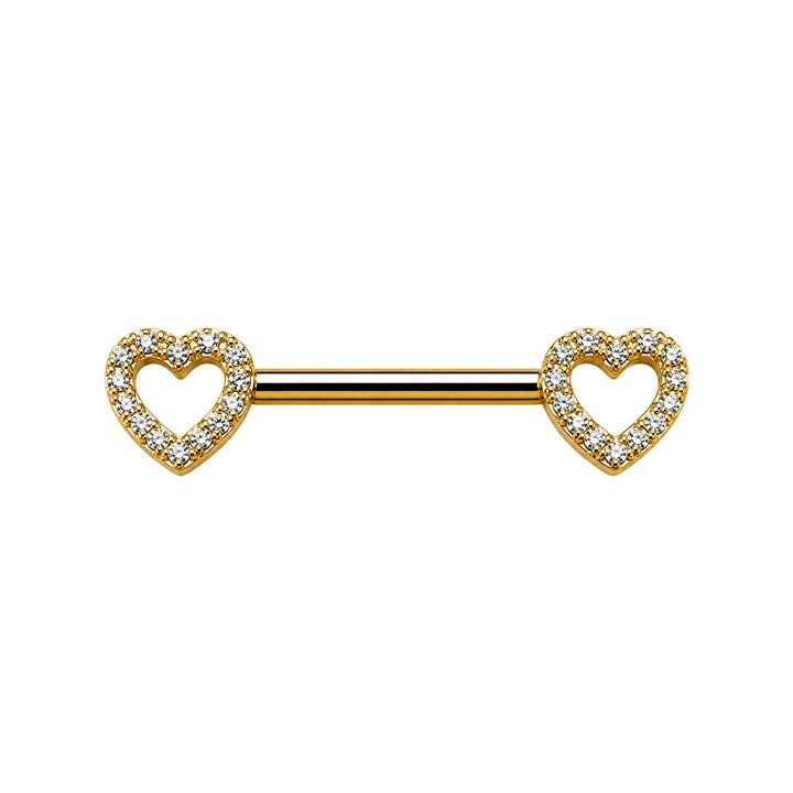 Gold-tone heart-shaped nipple ring with zirconia stones (PVD-coated titanium G23)