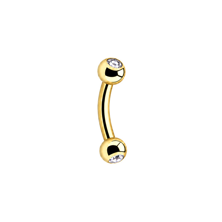 PVD-gold-plated G23 titanium corner earring, 1.2 × 6 mm, with clear glass stones in both balls