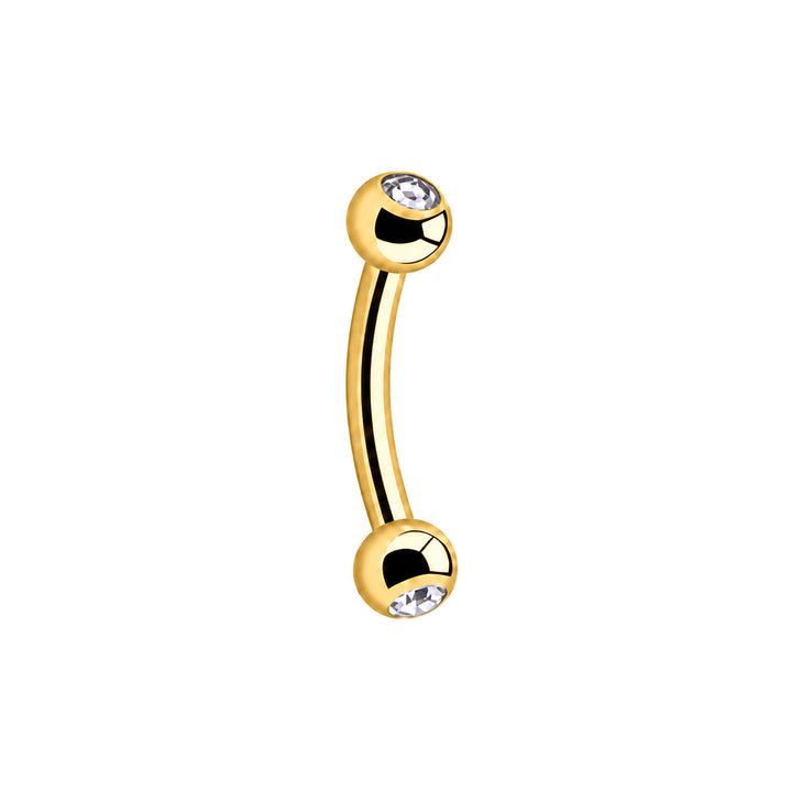 PVD-gold-plated G23 titanium corner earring, 1.2 × 8 mm, with clear glass stones in both balls