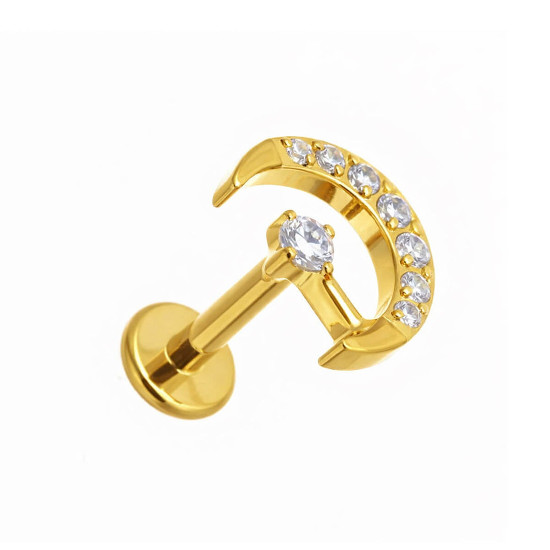 Gold zirconia decorated crescent moon labret 1.2mm (Titanium G23)