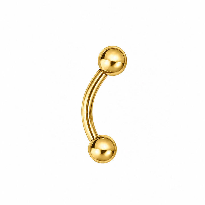Gold-plated titanium eyebrow stud with curved post and balls, 1.2 mm (PVD-coated titanium G23)