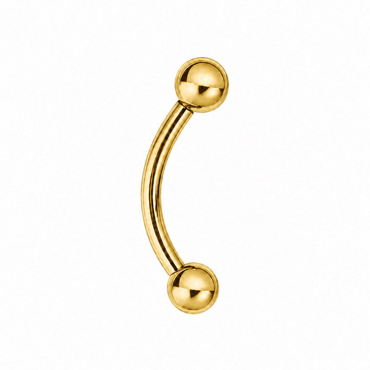 Gold-plated titanium eyebrow stud with curved post and balls, 1.2 mm (PVD-coated titanium G23)