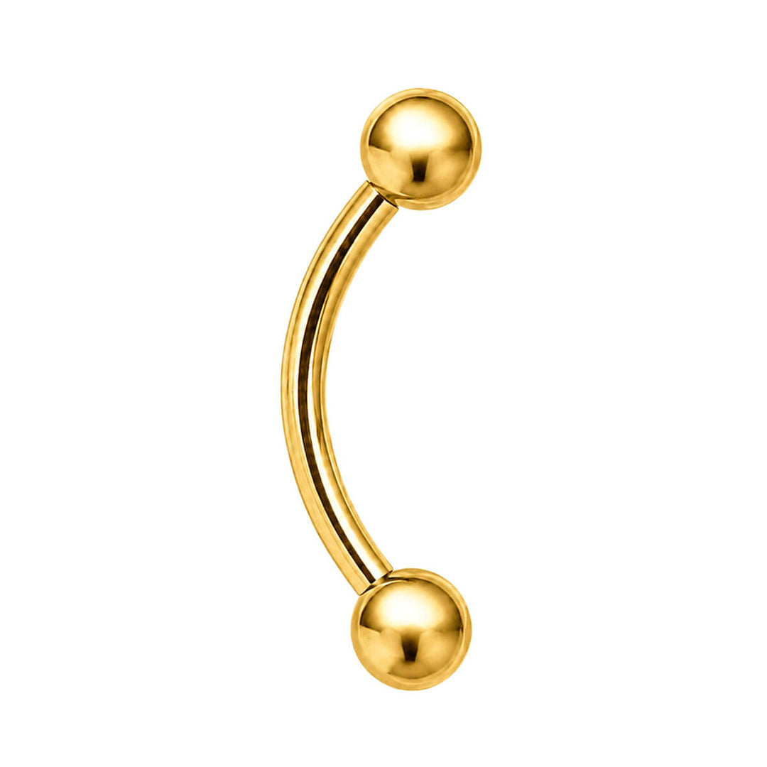 Gold-plated titanium eyebrow stud with curved post and balls, 1.2 mm (PVD-coated titanium G23)