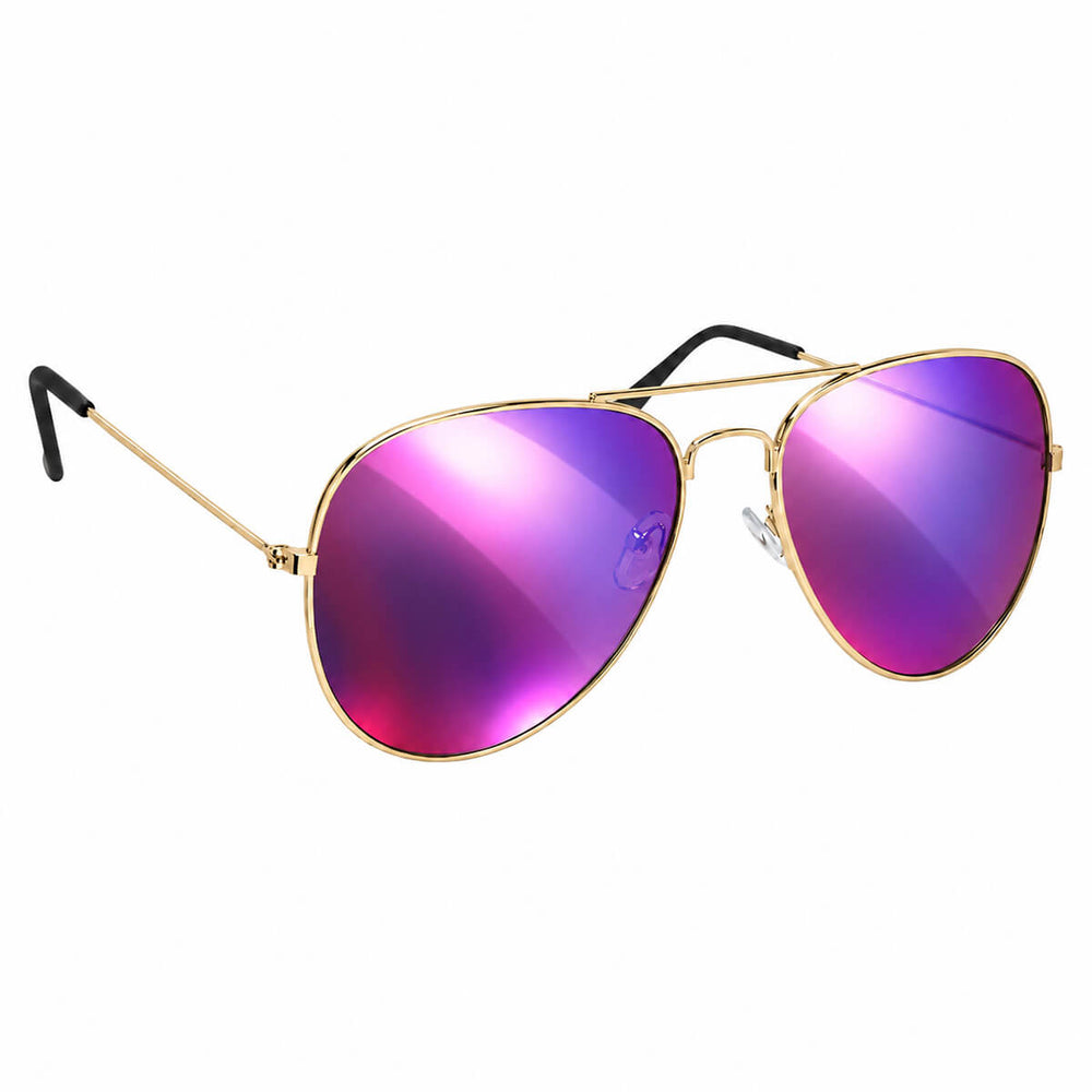 Mirrored pilot sunglasses, gold-colored frame, and violet-purple mirrored lenses