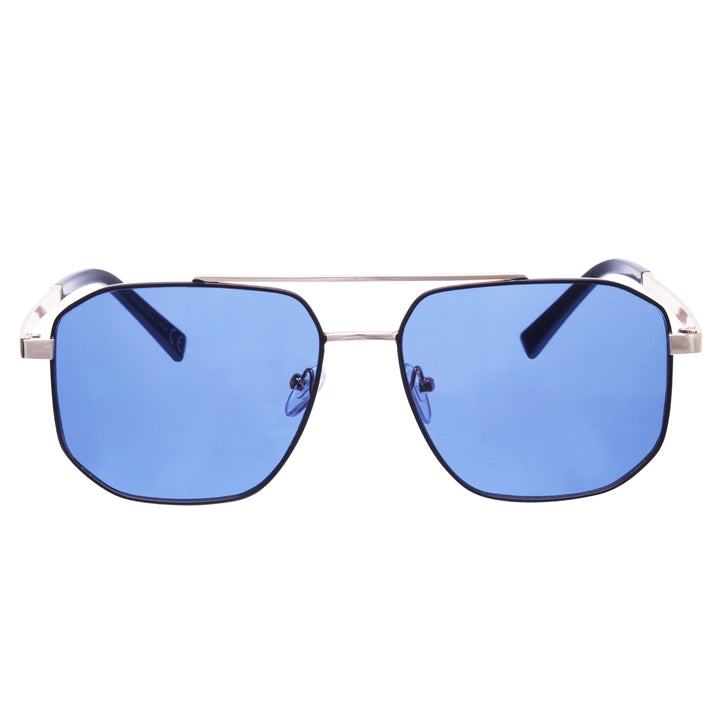 Angled aviator sunglasses with metal frames