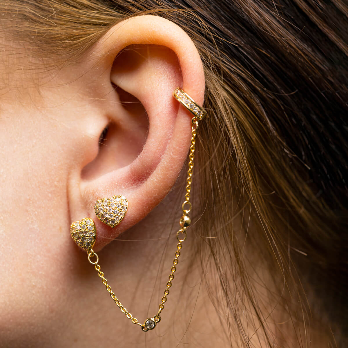 Zirconia heart chain with rustic earring ear cuff 1pc