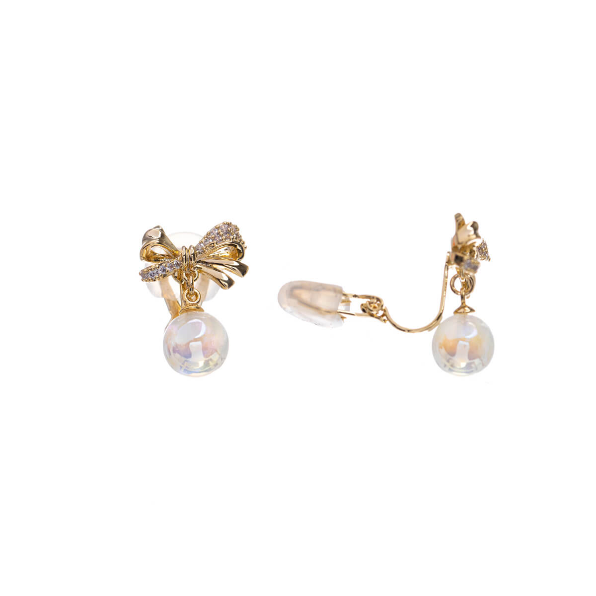 Bow tie clip earrings with pearl and zircons