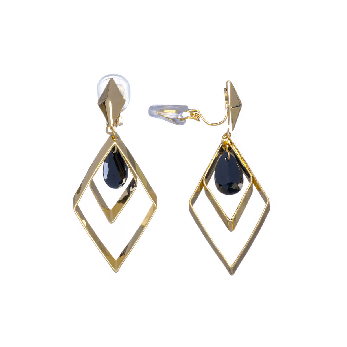 Hanging square clip earrings with black droplet