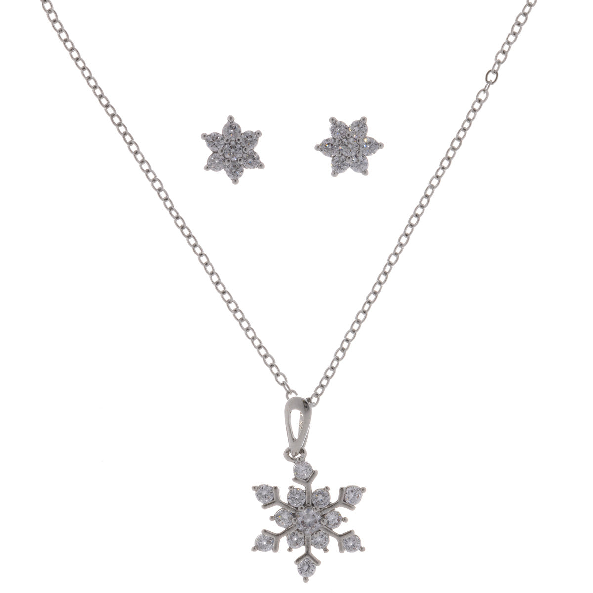 Snowflake necklace and earrings set in a gift box