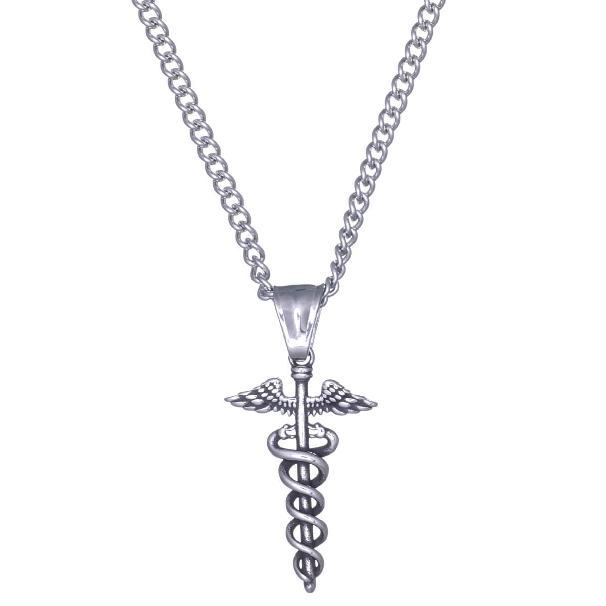 Caduceus pendant steel necklace 44cm (steel 316L)