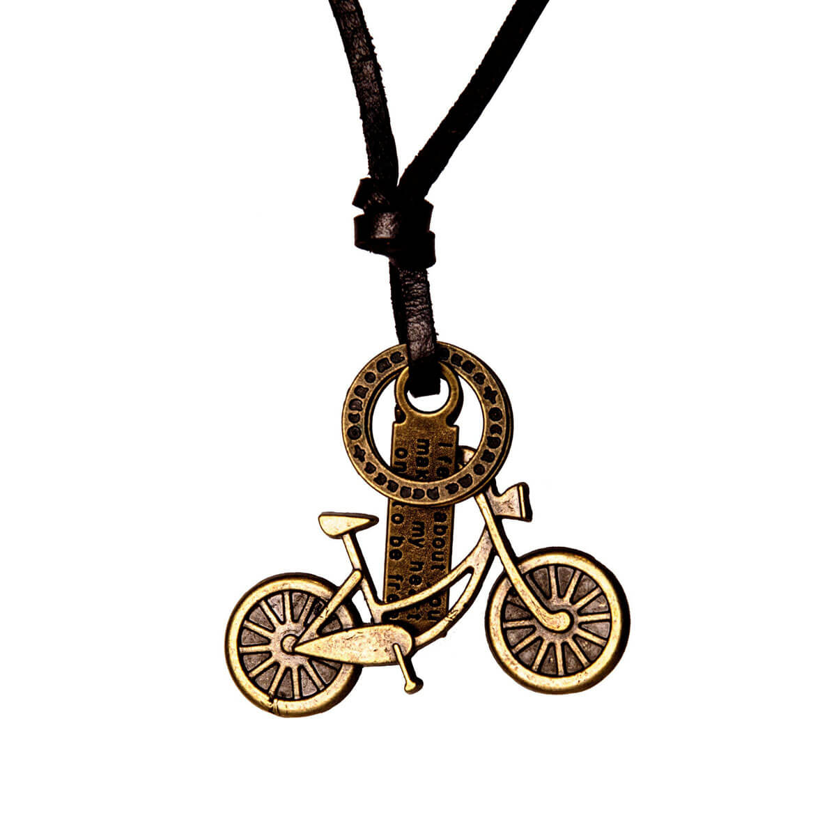 A bicycle pendant in a leather ribbon