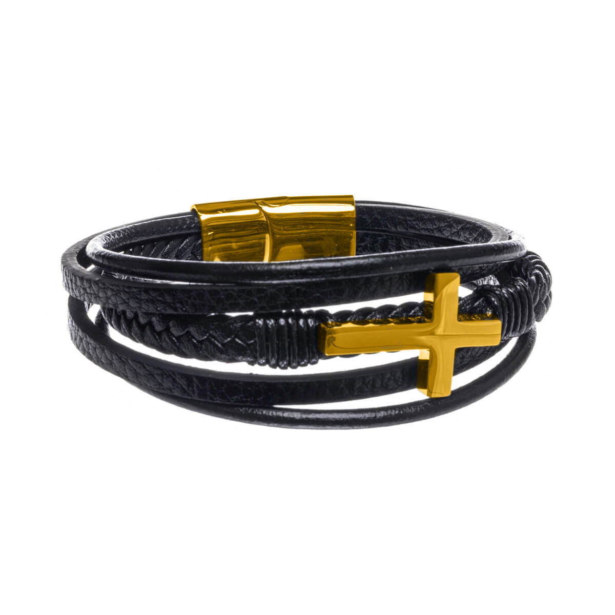 Five row leather bracelet with cross (Steel 316L)