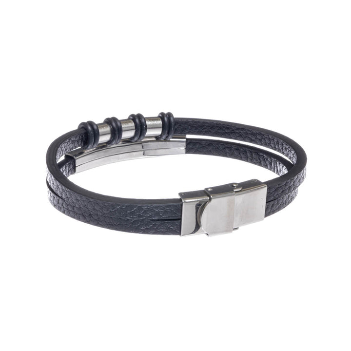 Double row leatherette bracelet with plate (Steel 316L)