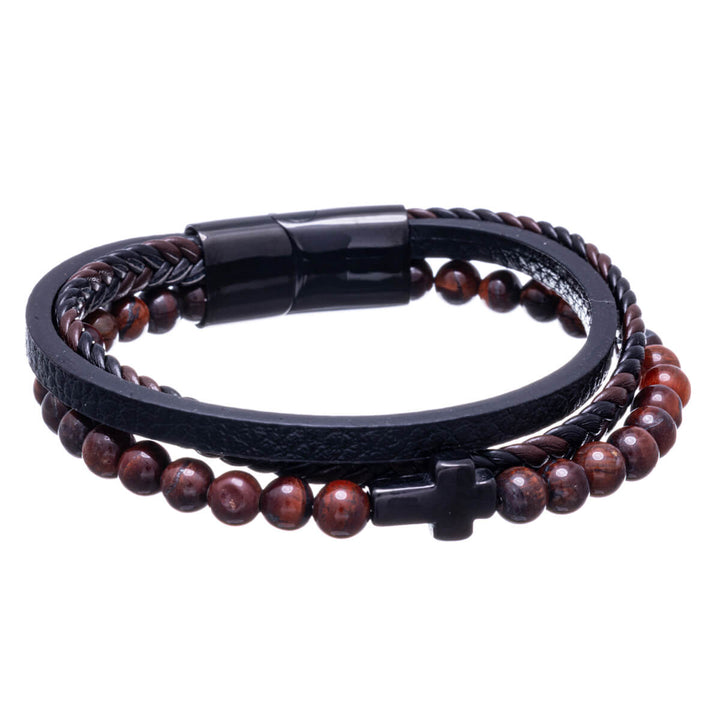 Leather bracelet with glass beads and cross (Steel 316L)