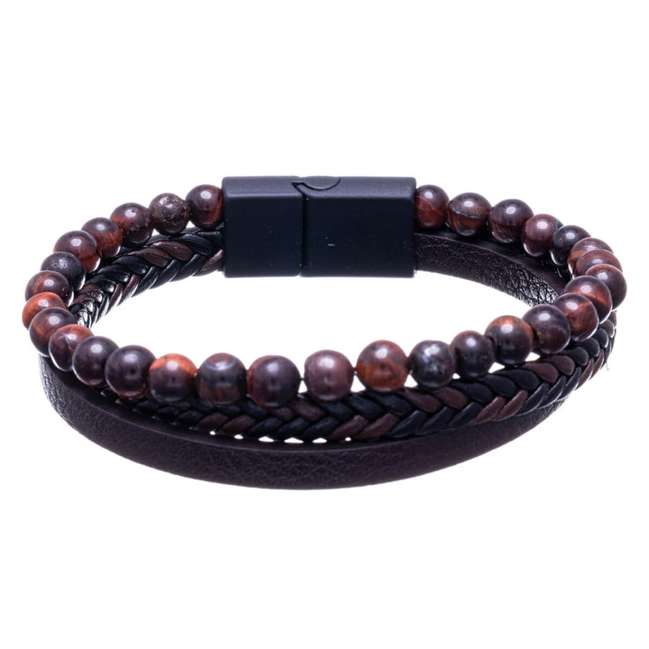 Three row leather bracelet with glass beads (Steel 316L)