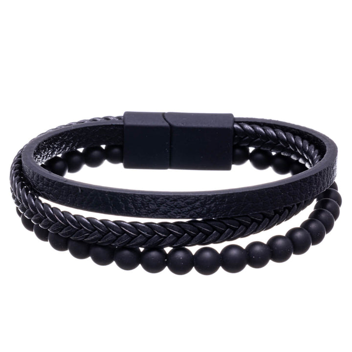 Three row leather bracelet with glass beads (Steel 316L)