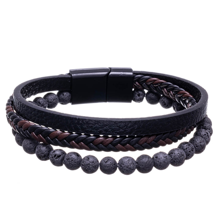 Three row leather bracelet with glass beads (Steel 316L)