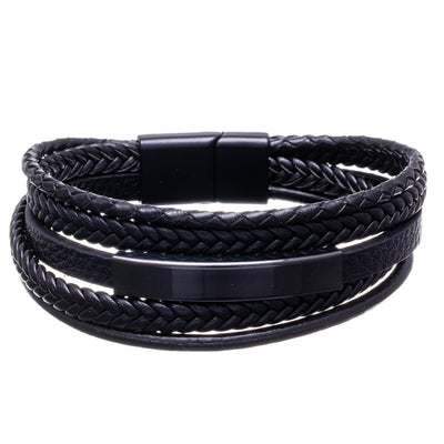 Five row leather bracelet with steel plate