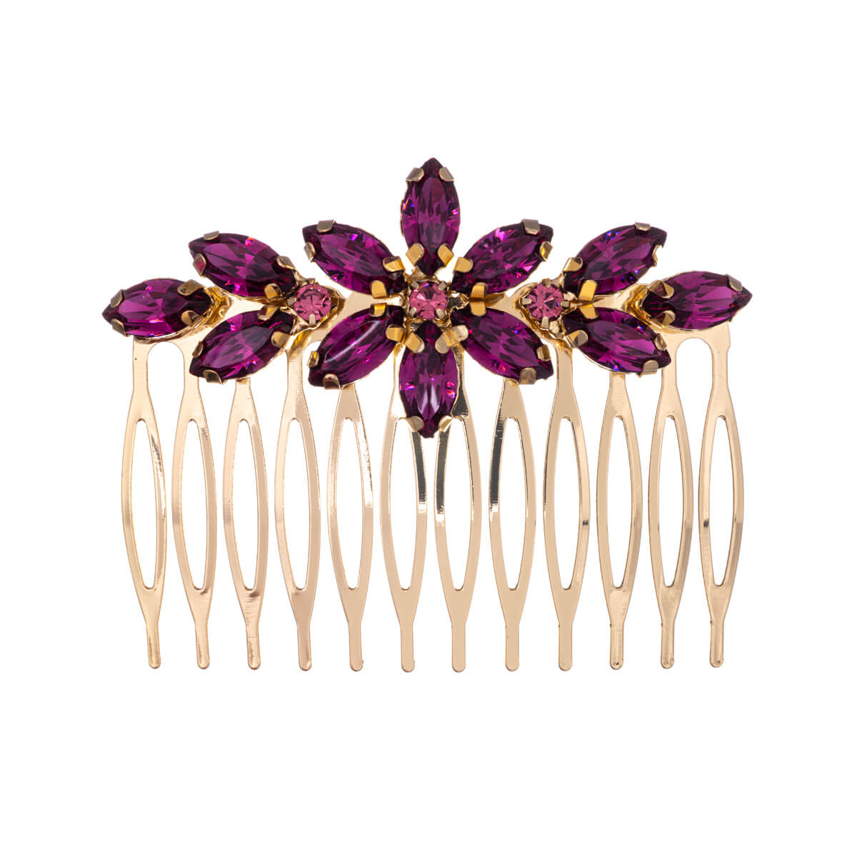 Rhinestone flower side comb hairband gold (6,4cm x 5cm)