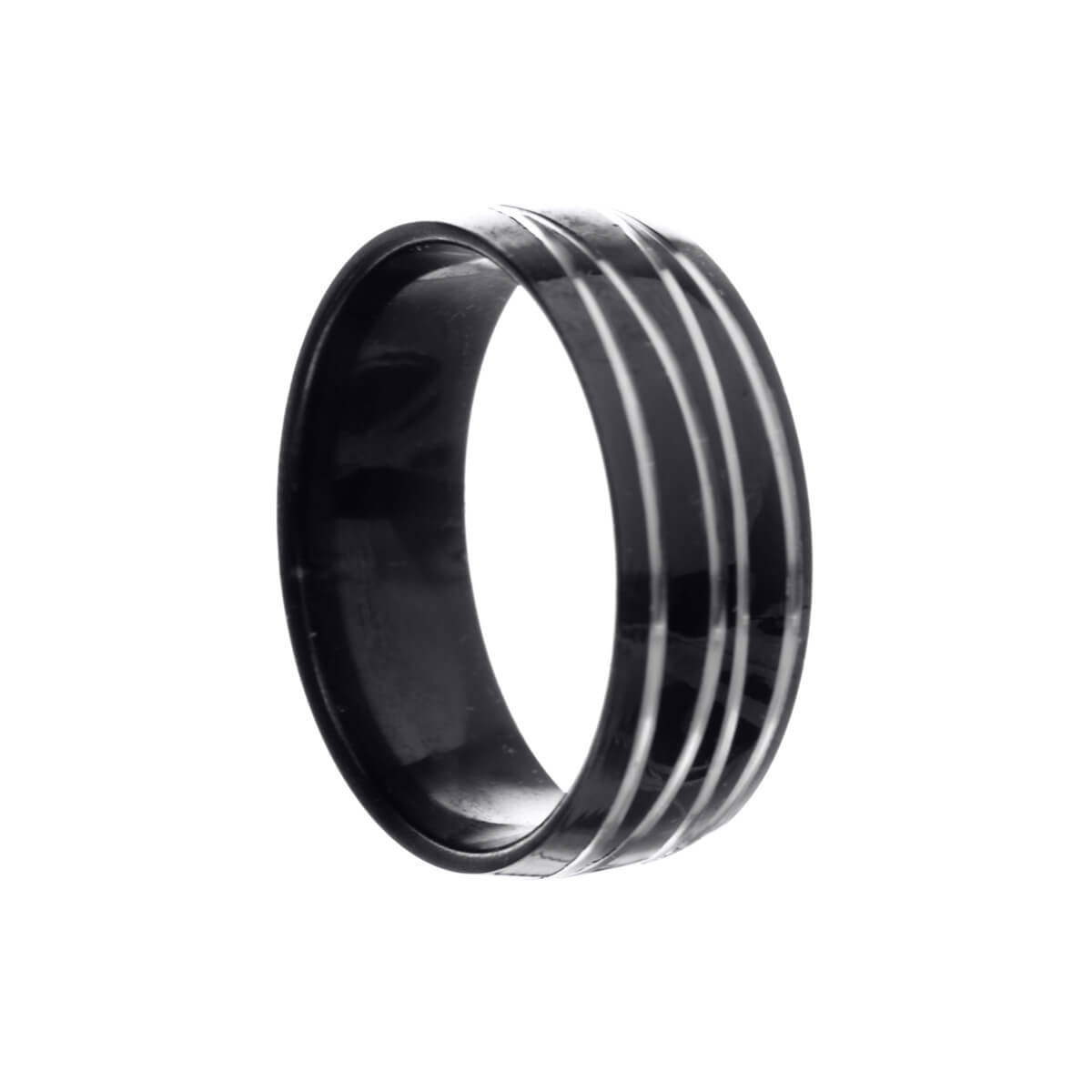 Black steel ring with silver stripes 8mm