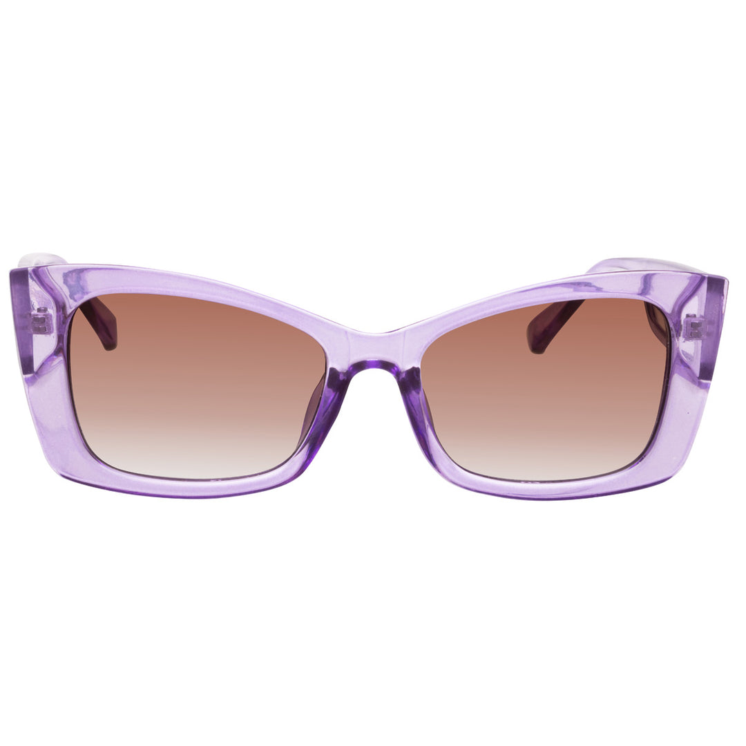 Angled sunglasses with buckled lens