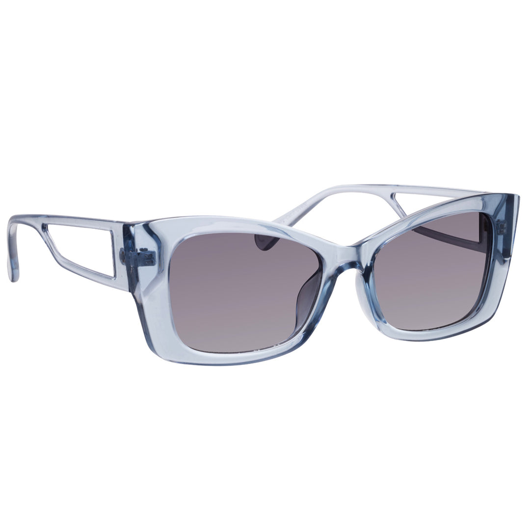 Angled sunglasses with buckled lens