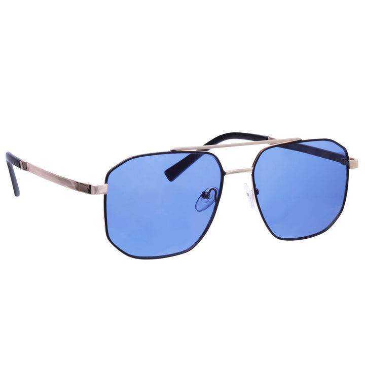 Angled aviator sunglasses with metal frames