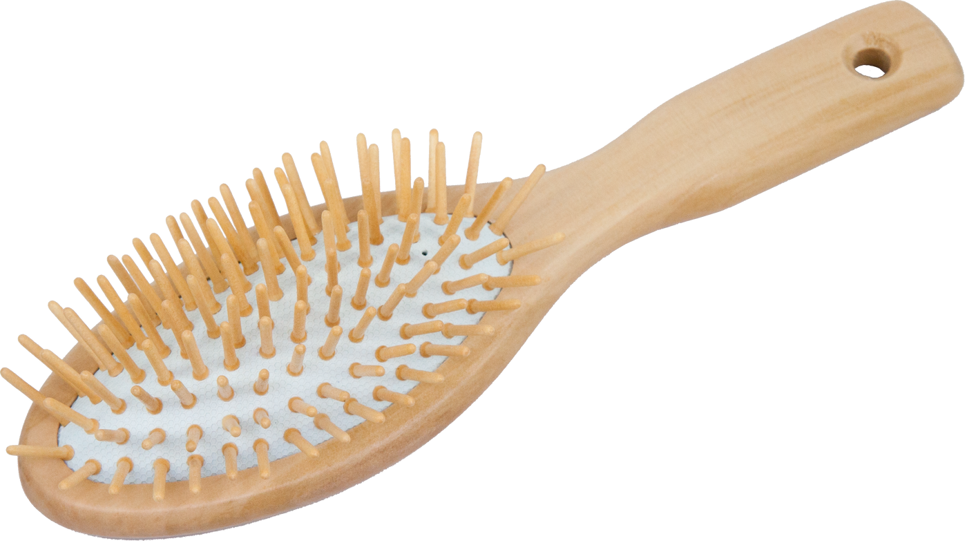 A wooden hairbrush with a mirror